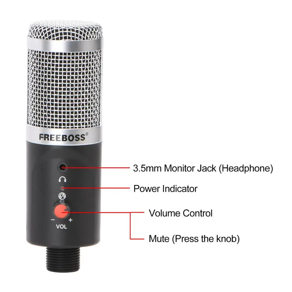USB Microphone Wired with Tripod Shock Mount PC Laptop Studio Record Stream Radio Broadcast Gaming Computer Mic FB-W03