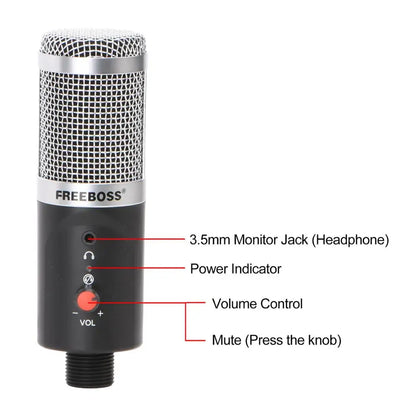 USB Microphone Wired with Tripod Shock Mount PC Laptop Studio Record Stream Radio Broadcast Gaming Computer Mic FB-W03