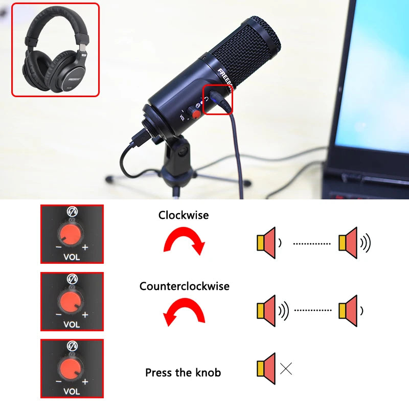 USB Microphone Wired with Tripod Shock Mount PC Laptop Studio Record Stream Radio Broadcast Gaming Computer Mic FB-W03