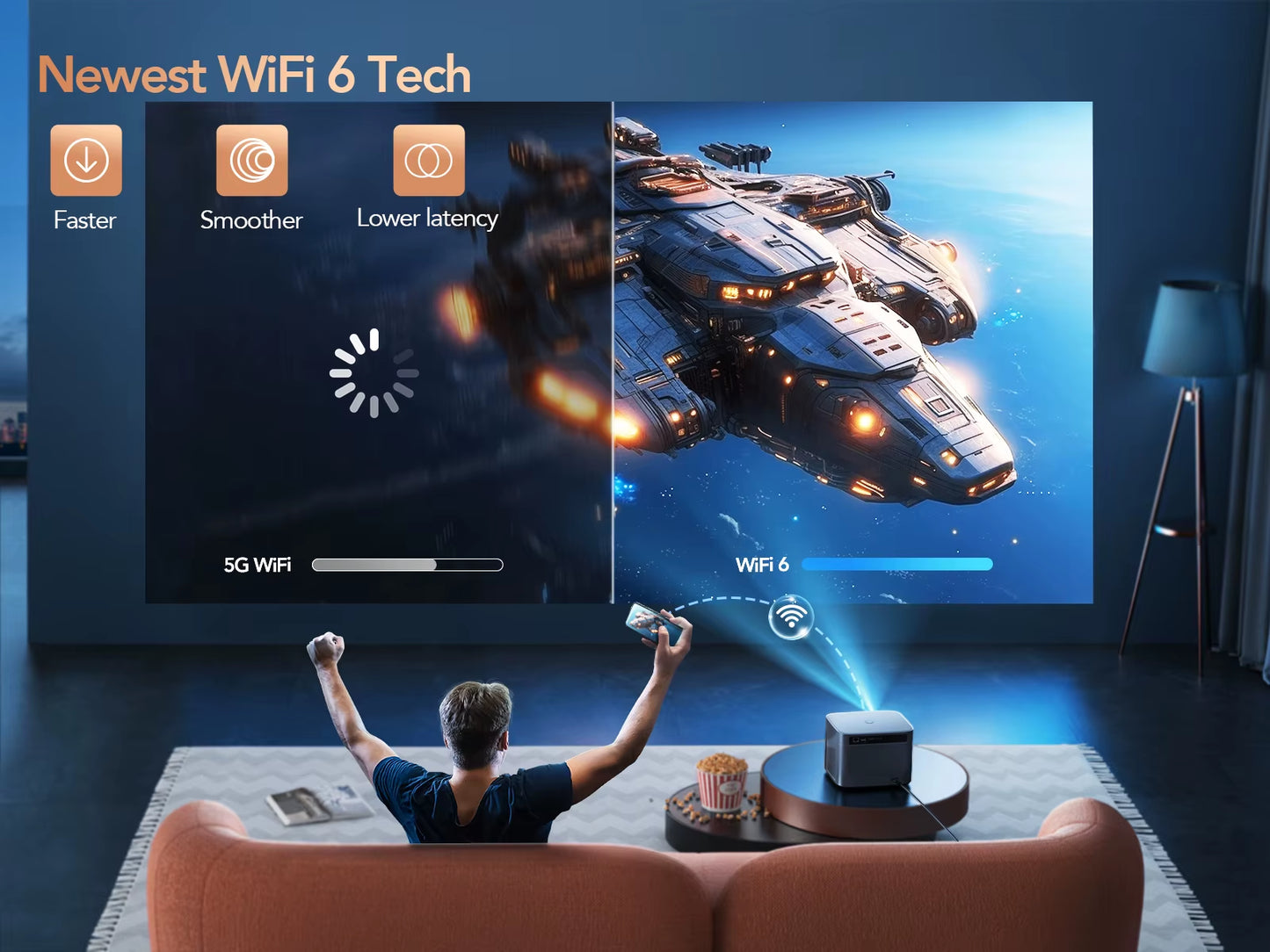 Projector 4K Android 9.0 26000 Lumens Native 1080P Wifi6 Bluetooth Projector Auto Focus/Keystone Outdoor Home Theater